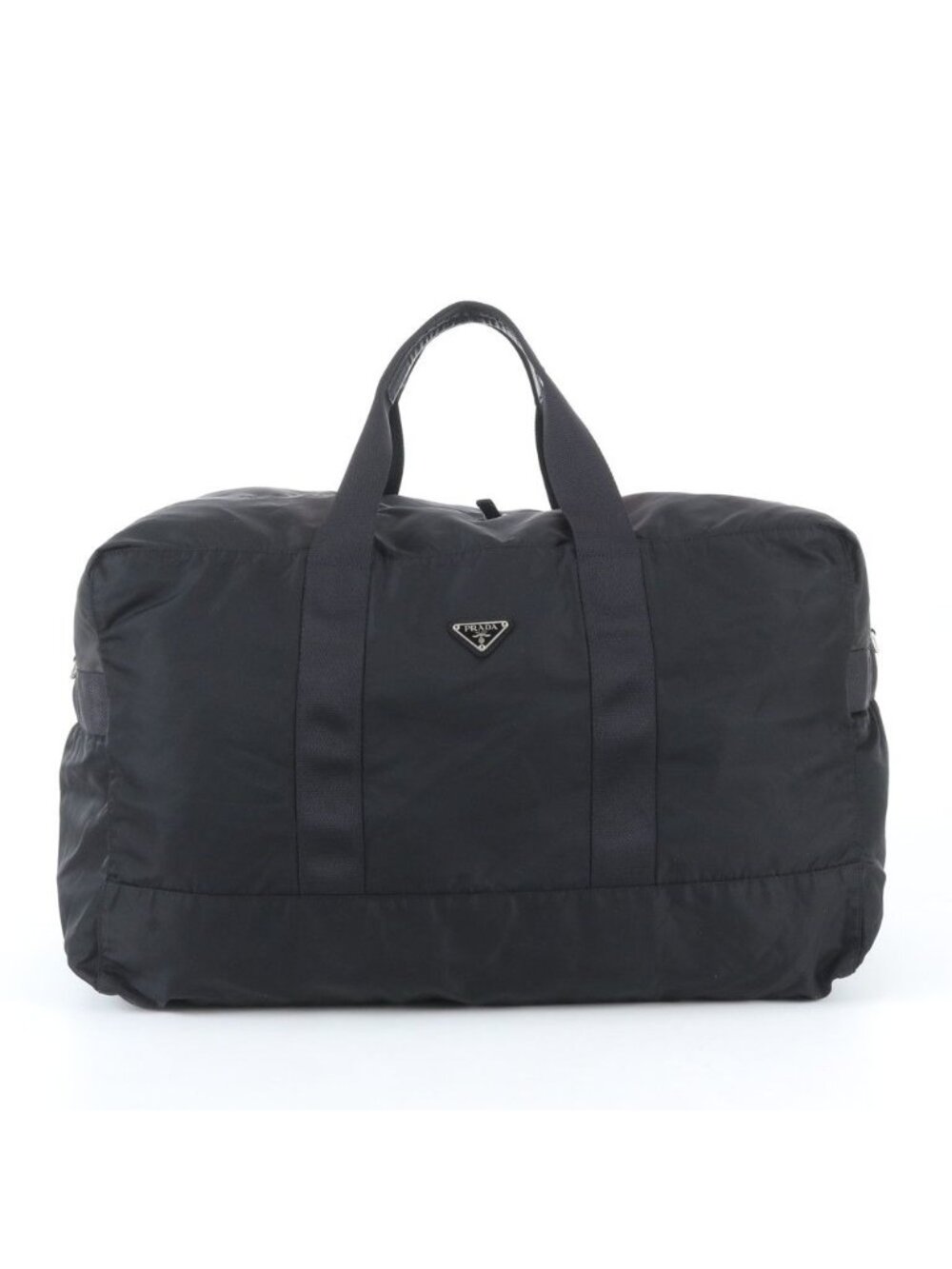 Prada Tessuto Nylon Triangle Logo Leather Boston Bag Tote Black